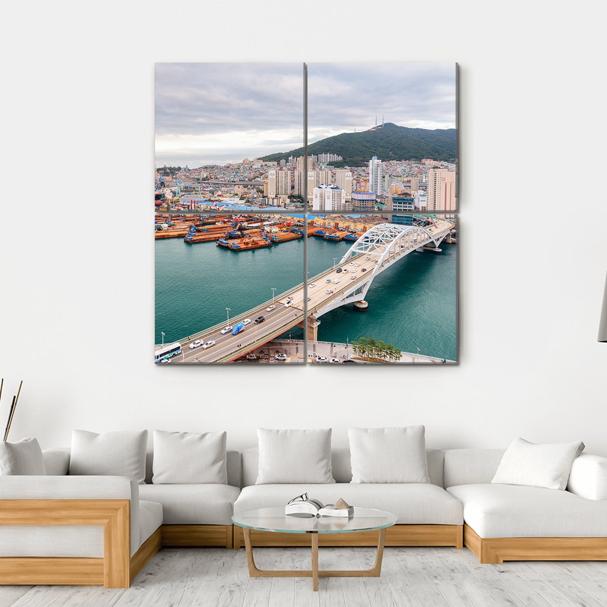 Port of Busan And Busandaegyo Bridge Canvas Wall Art-4 Square-Gallery Wrap-17" x 17"-Tiaracle