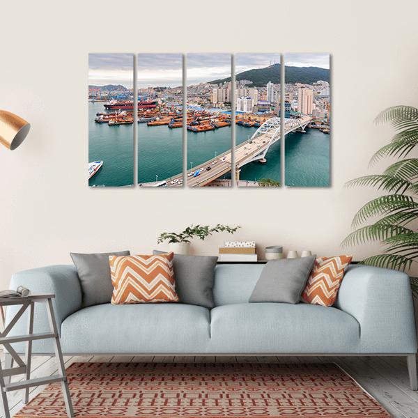 Port of Busan And Busandaegyo Bridge Canvas Wall Art-5 Horizontal-Gallery Wrap-22" x 12"-Tiaracle