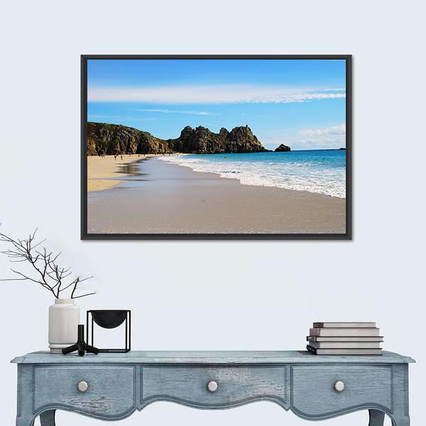 Porth Curno Beach In Cornwall Canvas Wall Art-1 Piece-Floating Frame-24" x 16"-Tiaracle