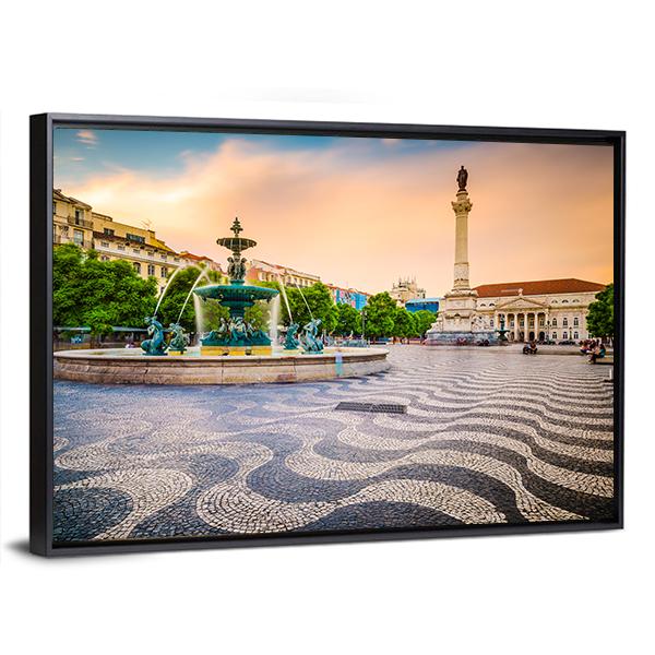 Portugal Cityscape At Rossio Square Canvas Wall Art-3 Horizontal-Gallery Wrap-25" x 16"-Tiaracle
