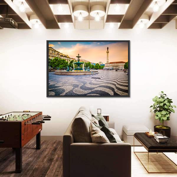 Portugal Cityscape At Rossio Square Canvas Wall Art-3 Horizontal-Gallery Wrap-25" x 16"-Tiaracle