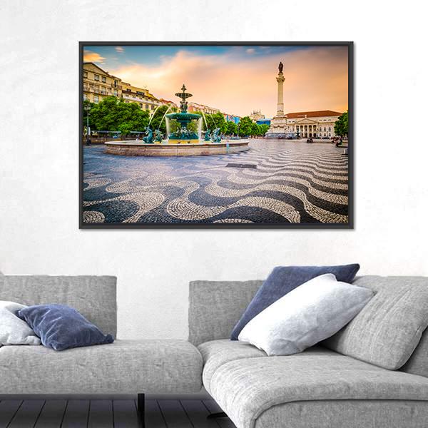 Portugal Cityscape At Rossio Square Canvas Wall Art-3 Horizontal-Gallery Wrap-25" x 16"-Tiaracle