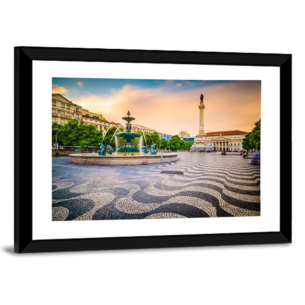 Portugal Cityscape At Rossio Square Canvas Wall Art-3 Horizontal-Gallery Wrap-25" x 16"-Tiaracle