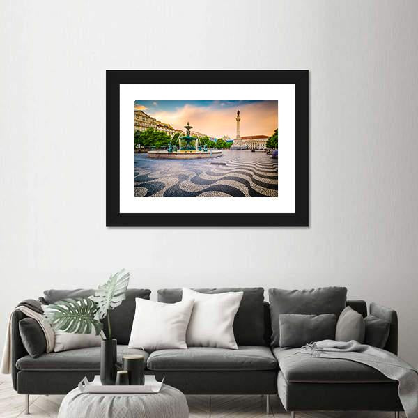 Portugal Cityscape At Rossio Square Canvas Wall Art-3 Horizontal-Gallery Wrap-25" x 16"-Tiaracle