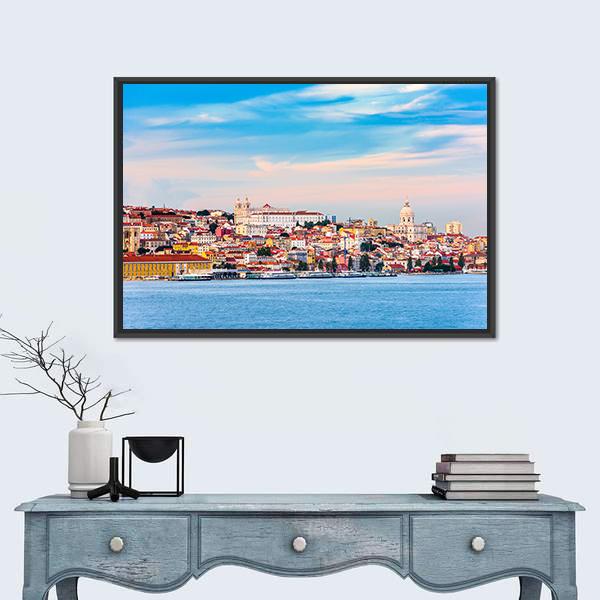 Portugal Skyline On The Tagus River Canvas Wall Art-1 Piece-Floating Frame-24" x 16"-Tiaracle