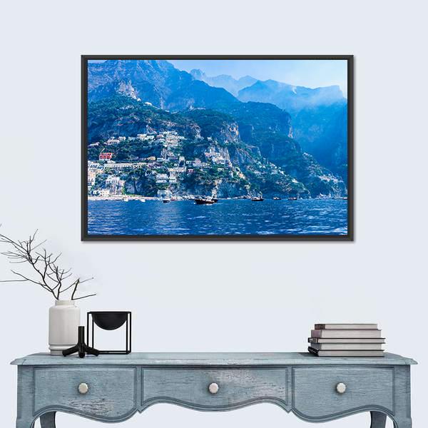 Positano Town And Tyrrhenian Sea Canvas Wall Art-1 Piece-Floating Frame-24" x 16"-Tiaracle