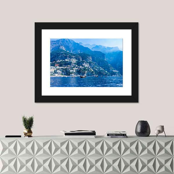 Positano Town And Tyrrhenian Sea Canvas Wall Art-1 Piece-Framed Print-20" x 16"-Tiaracle