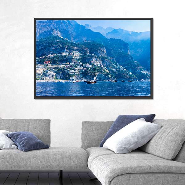 Positano Town And Tyrrhenian Sea Canvas Wall Art-3 Horizontal-Gallery Wrap-25" x 16"-Tiaracle