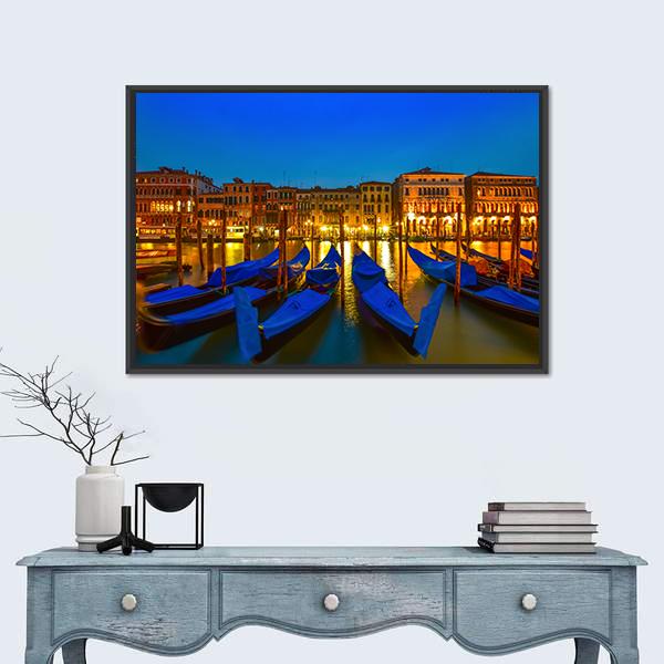 Postcard From Venice With Gondolas On Grand Canal Canvas Wall Art-1 Piece-Floating Frame-24" x 16"-Tiaracle