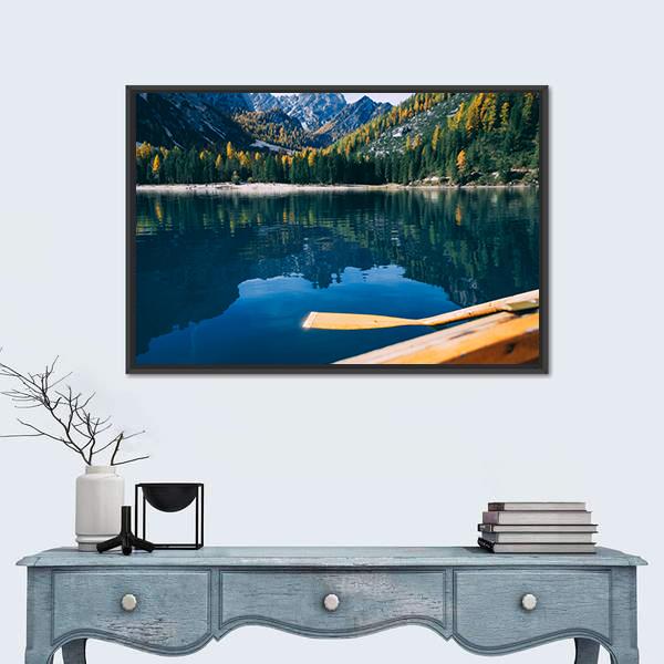 Pragser Wildsee Is A Canoe Canvas Wall Art-1 Piece-Floating Frame-24" x 16"-Tiaracle