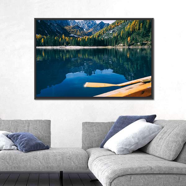 Pragser Wildsee Is A Canoe Canvas Wall Art-3 Horizontal-Gallery Wrap-25" x 16"-Tiaracle