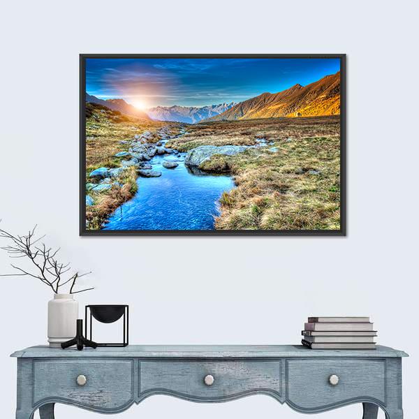 Prairie Sunset In Mountain Canvas Wall Art-1 Piece-Floating Frame-36" x 24"-Tiaracle