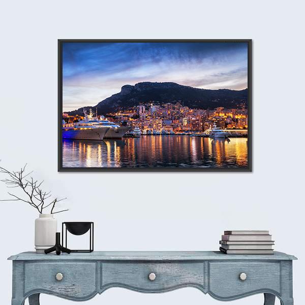 Principality Of Monaco Evening Skyline Canvas Wall Art-1 Piece-Floating Frame-24" x 16"-Tiaracle