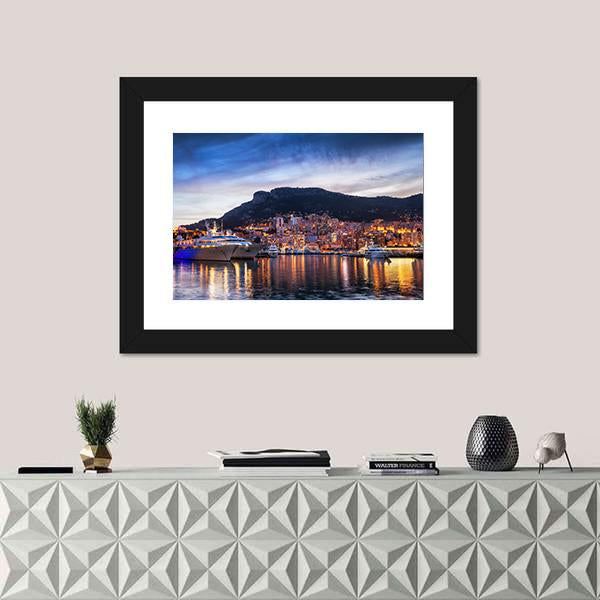 Principality Of Monaco Evening Skyline Canvas Wall Art-1 Piece-Framed Print-20" x 16"-Tiaracle