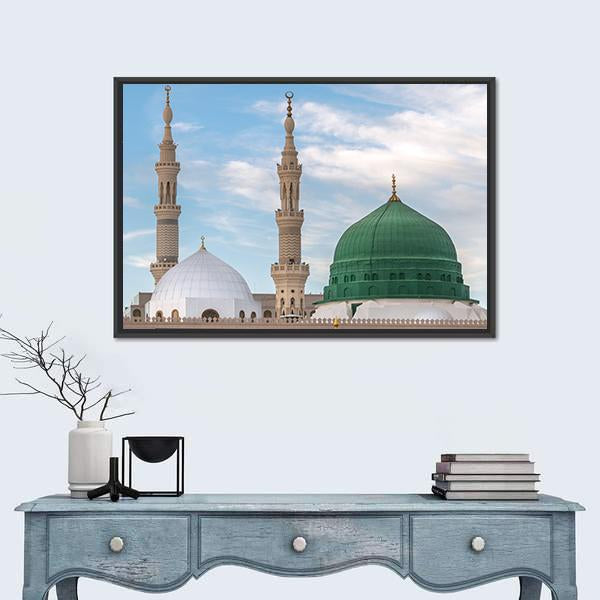 Prophet's Tomb Under the Green Dome Canvas Wall Art in beige, green and blue, framed canvas, product view on a white background