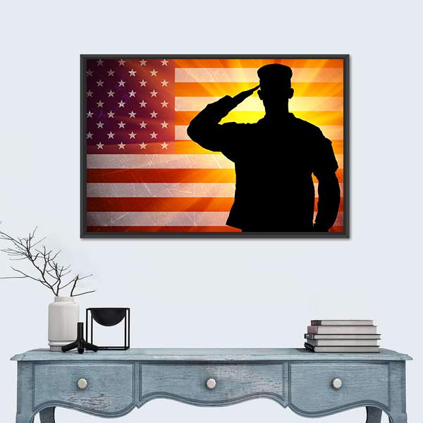 Proud Saluting Male Army Soldier On Grungy American Flag Canvas Wall Art-1 Piece-Floating Frame-24" x 16"-Tiaracle
