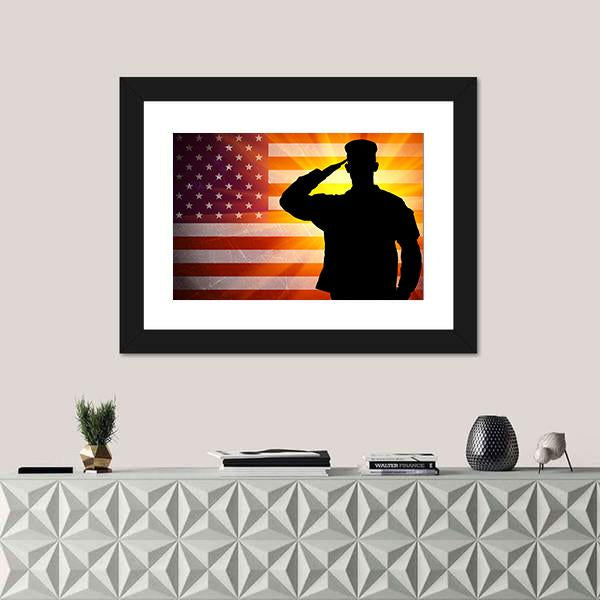 Proud Saluting Male Army Soldier On Grungy American Flag Canvas Wall Art-1 Piece-Framed Print-20" x 16"-Tiaracle