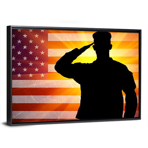 Proud Saluting Male Army Soldier On Grungy American Flag Canvas Wall Art-3 Horizontal-Gallery Wrap-25" x 16"-Tiaracle