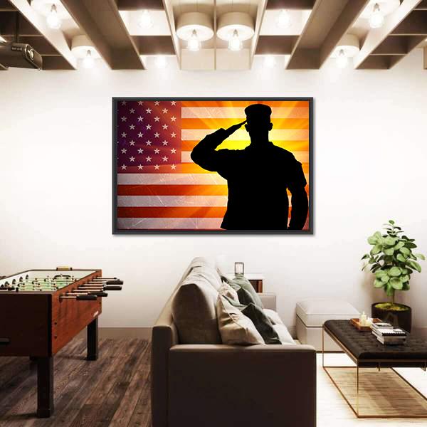 Proud Saluting Male Army Soldier On Grungy American Flag Canvas Wall Art-3 Horizontal-Gallery Wrap-25" x 16"-Tiaracle