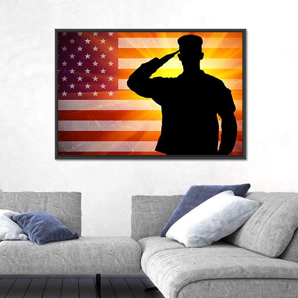 Proud Saluting Male Army Soldier On Grungy American Flag Canvas Wall Art-3 Horizontal-Gallery Wrap-25" x 16"-Tiaracle