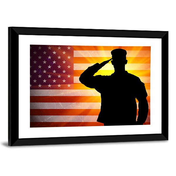 Proud Saluting Male Army Soldier On Grungy American Flag Canvas Wall Art-3 Horizontal-Gallery Wrap-25" x 16"-Tiaracle