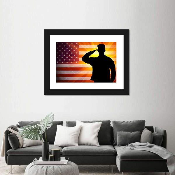 Proud Saluting Male Army Soldier On Grungy American Flag Canvas Wall Art-3 Horizontal-Gallery Wrap-25" x 16"-Tiaracle