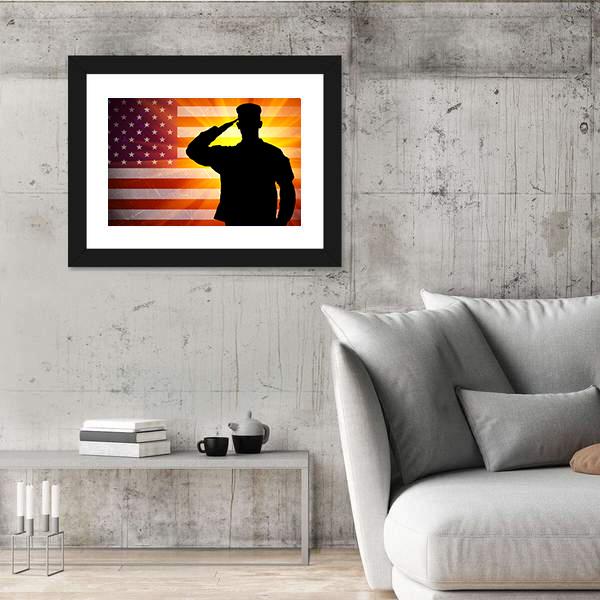 Proud Saluting Male Army Soldier On Grungy American Flag Canvas Wall Art-3 Horizontal-Gallery Wrap-25" x 16"-Tiaracle