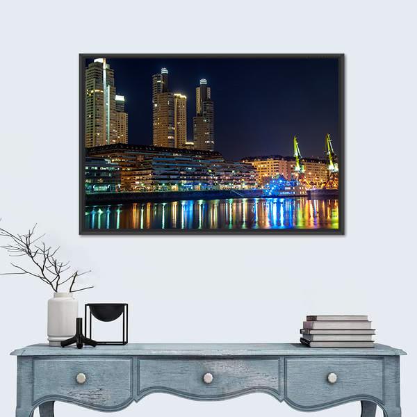 Puerto Madero And Skyscrapers At Night Canvas Wall Art-1 Piece-Floating Frame-24" x 16"-Tiaracle