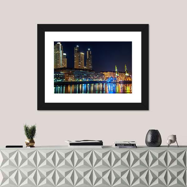 Puerto Madero And Skyscrapers At Night Canvas Wall Art-1 Piece-Framed Print-20" x 16"-Tiaracle