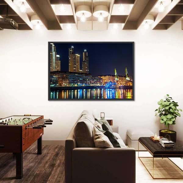 Puerto Madero And Skyscrapers At Night Canvas Wall Art-3 Horizontal-Gallery Wrap-25" x 16"-Tiaracle