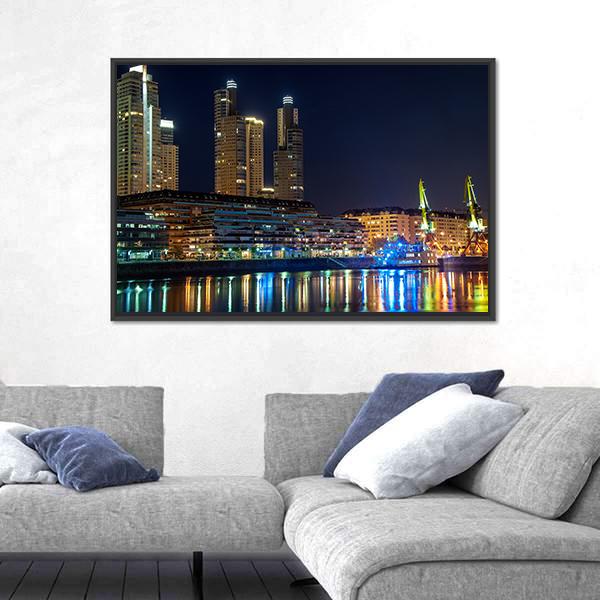 Puerto Madero And Skyscrapers At Night Canvas Wall Art-3 Horizontal-Gallery Wrap-25" x 16"-Tiaracle