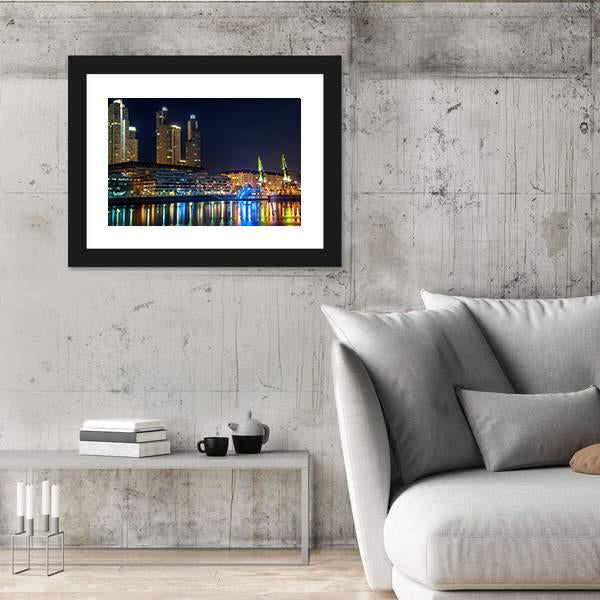 Puerto Madero And Skyscrapers At Night Canvas Wall Art-3 Horizontal-Gallery Wrap-25" x 16"-Tiaracle