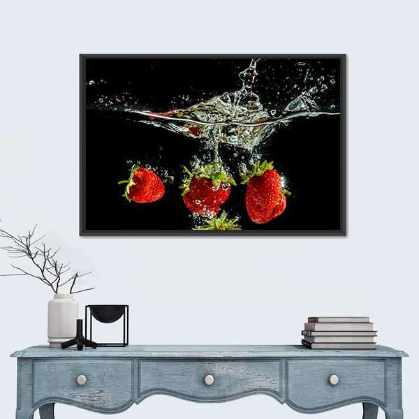 Pure Falling Strawberry Into Water Canvas Wall Art-1 Piece-Floating Frame-24" x 16"-Tiaracle