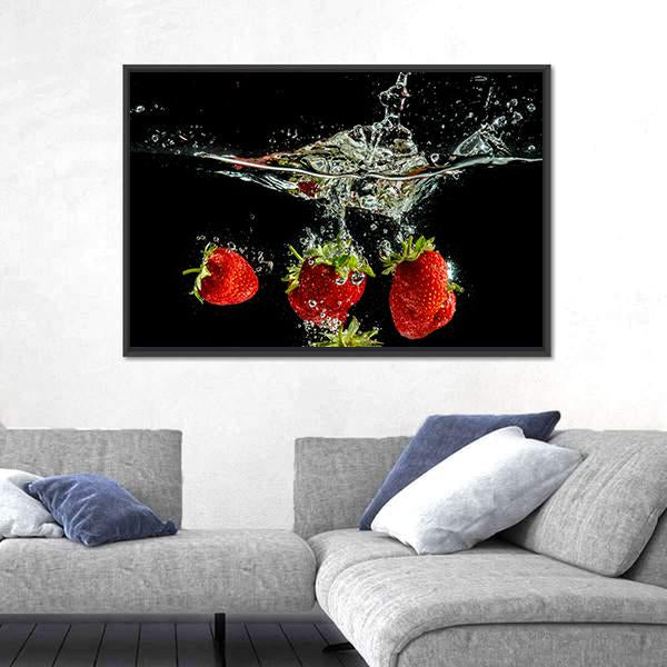 Pure Falling Strawberry Into Water Canvas Wall Art-3 Horizontal-Gallery Wrap-25" x 16"-Tiaracle