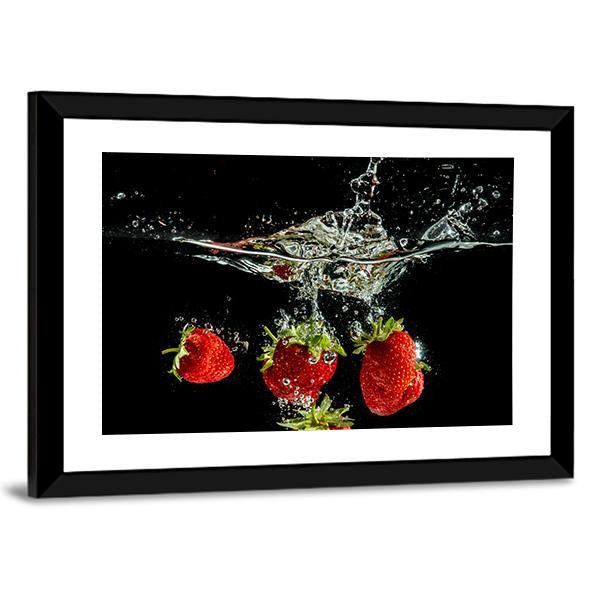 Pure Falling Strawberry Into Water Canvas Wall Art-3 Horizontal-Gallery Wrap-25" x 16"-Tiaracle