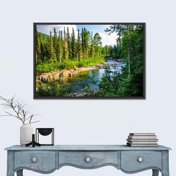 Pure Mountain River In Warm Sunny Summer Day Canvas Wall Art-1 Piece-Floating Frame-24" x 16"-Tiaracle