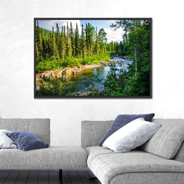 Pure Mountain River In Warm Sunny Summer Day Canvas Wall Art-3 Horizontal-Gallery Wrap-25" x 16"-Tiaracle