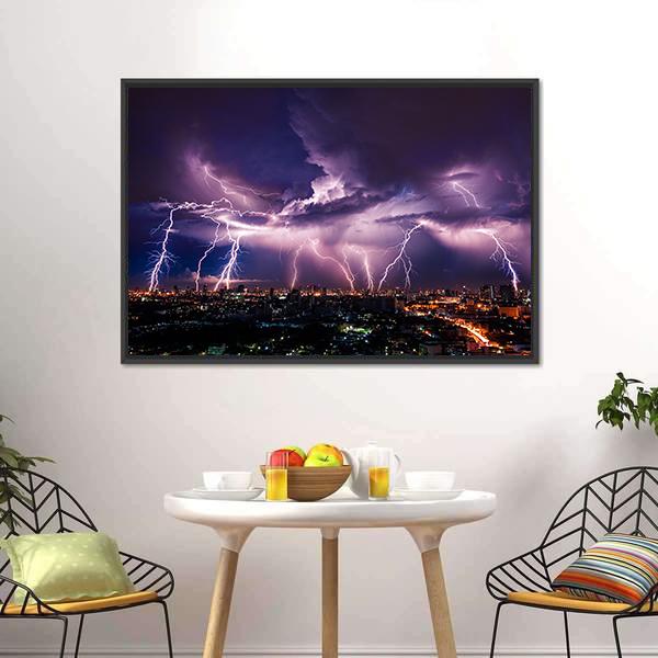 Purple Lightning Over City Canvas Wall Art-5 Horizontal-Gallery Wrap-22" x 12"-Tiaracle