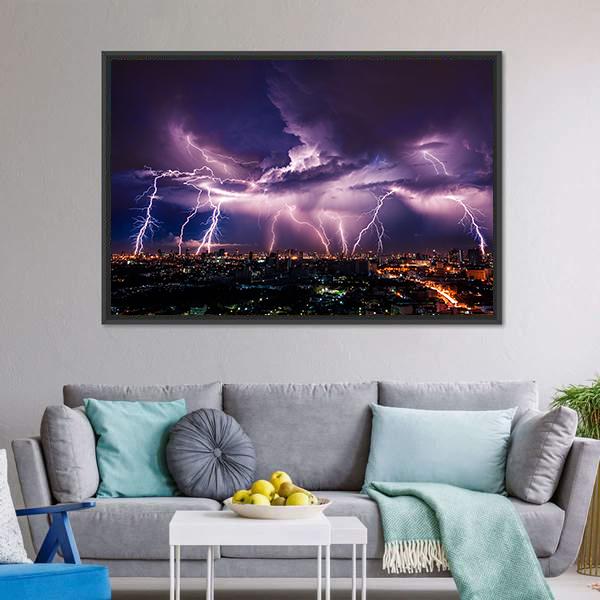 Purple Lightning Over City Canvas Wall Art-5 Horizontal-Gallery Wrap-22" x 12"-Tiaracle
