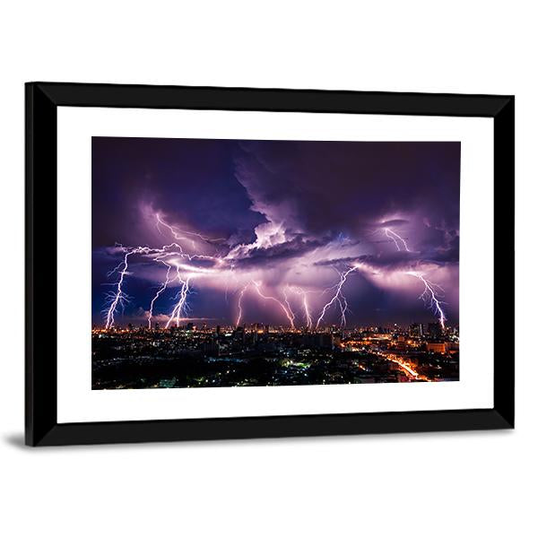 Purple Lightning Over City Canvas Wall Art-5 Horizontal-Gallery Wrap-22" x 12"-Tiaracle