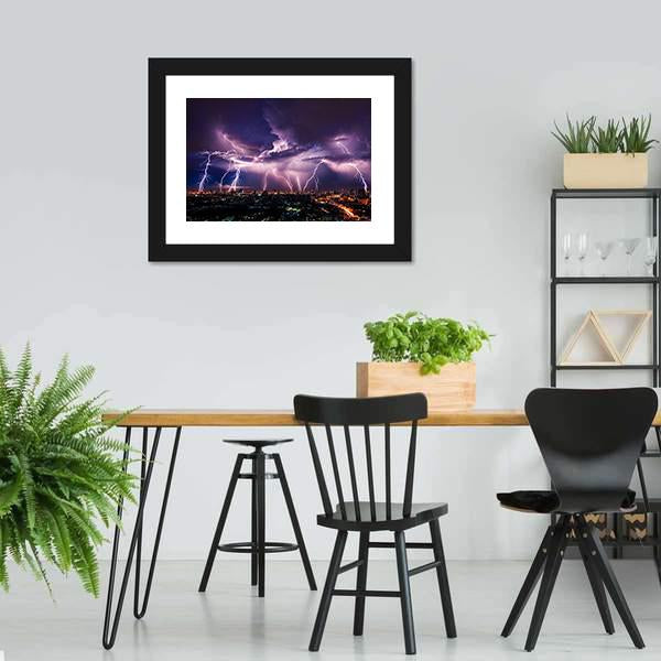 Purple Lightning Over City Canvas Wall Art-5 Horizontal-Gallery Wrap-22" x 12"-Tiaracle
