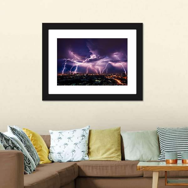 Purple Lightning Over City Canvas Wall Art-5 Horizontal-Gallery Wrap-22" x 12"-Tiaracle