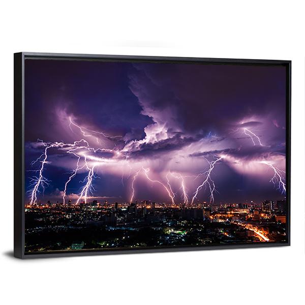 Purple Lightning Over City Canvas Wall Art-5 Horizontal-Gallery Wrap-22" x 12"-Tiaracle