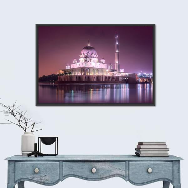 Putra Mosque With Night Lighting Canvas Wall Art-1 Piece-Floating Frame-24" x 16"-Tiaracle