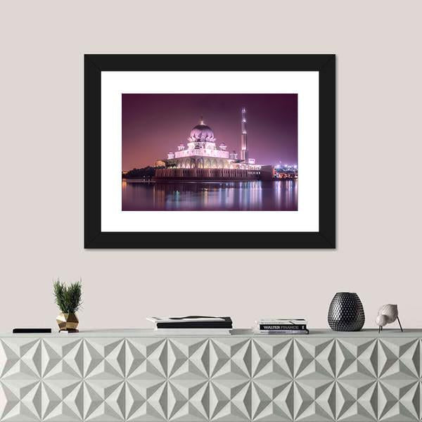 Putra Mosque With Night Lighting Canvas Wall Art-1 Piece-Framed Print-20" x 16"-Tiaracle