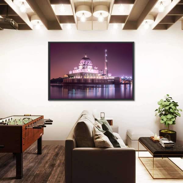 Putra Mosque With Night Lighting Canvas Wall Art-3 Horizontal-Gallery Wrap-25" x 16"-Tiaracle