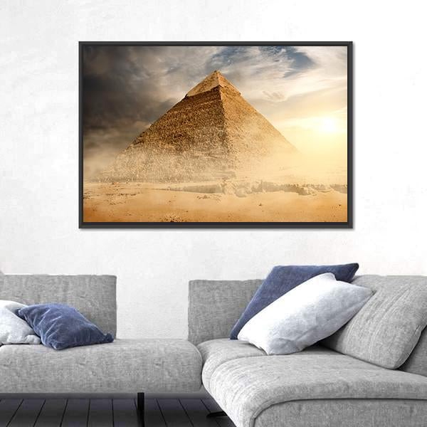 Pyramid Under Dusty Gray Clouds Canvas Wall Art in gray, beige and yellow, framed canvas, product view on a white background