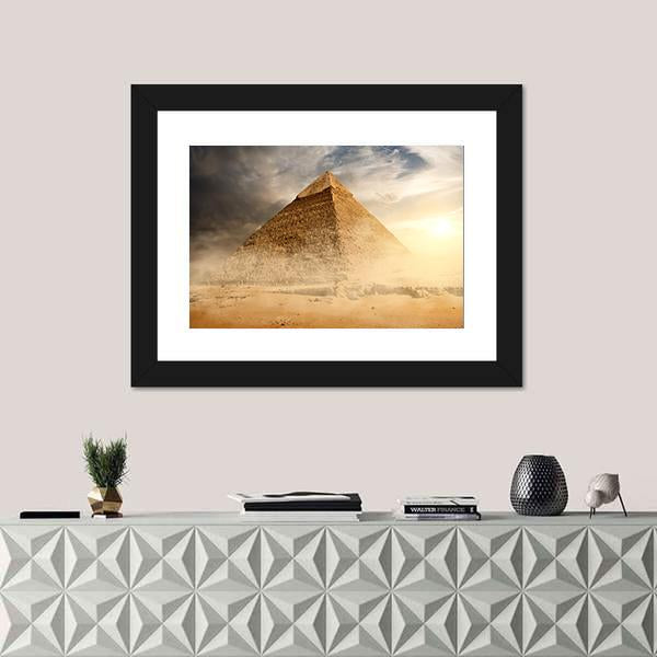 Pyramid In Sandy Area Under Dust And Gray Clouds Canvas Wall Art-1 Piece-Framed Print-20" x 16"-Tiaracle