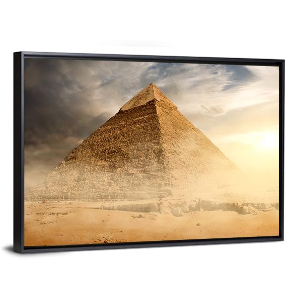 Pyramid In Sandy Area Under Dust And Gray Clouds Canvas Wall Art-3 Horizontal-Gallery Wrap-25" x 16"-Tiaracle
