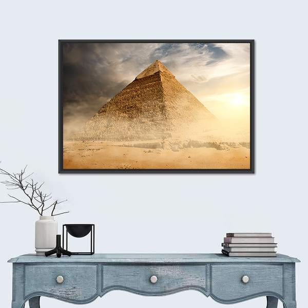 Pyramid In Sandy Area Under Dust And Gray Clouds Canvas Wall Art-3 Horizontal-Gallery Wrap-25" x 16"-Tiaracle